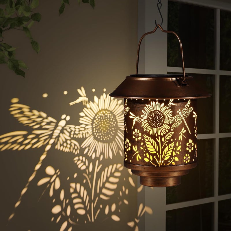 Doogarden Solar Lantern Outdoor Hanging Sunflower Lights Gifts for Women Mom Metal Garden Decor Outside Waterproof LED Lanterns for Patio(Dragonfly + Sunflower) - Image 1